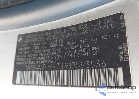 2001 BMW 330I z USA, uszkodzony, nr VIN WBAAV53491JS93536